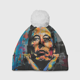Шапка 3D c помпоном с принтом Илон Маск граффити портрет в Петрозаводске, 100% полиэстер | универсальный размер, печать по всей поверхности изделия | 