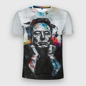 Мужская футболка 3D Slim с принтом Илон Маск граффити портрет на серой стене , 100% полиэстер с улучшенными характеристиками | приталенный силуэт, круглая горловина, широкие плечи, сужается к линии бедра | 
