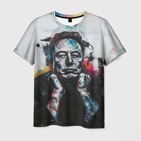 Мужская футболка 3D с принтом Илон Маск граффити портрет на серой стене , 100% полиэфир | прямой крой, круглый вырез горловины, длина до линии бедер | 
