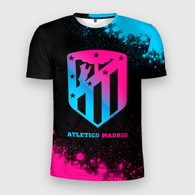 Мужская футболка 3D Slim с принтом Atletico Madrid   neon gradient в Курске, 100% полиэстер с улучшенными характеристиками | приталенный силуэт, круглая горловина, широкие плечи, сужается к линии бедра | Тематика изображения на принте: 