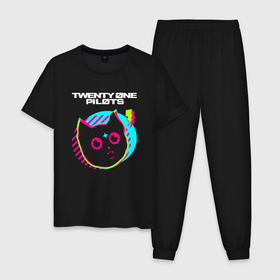 Мужская пижама хлопок с принтом Twenty One Pilots rock star cat , 100% хлопок | брюки и футболка прямого кроя, без карманов, на брюках мягкая резинка на поясе и по низу штанин
 | 