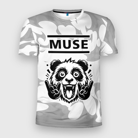 Мужская футболка 3D Slim с принтом Muse рок панда на светлом фоне в Новосибирске, 100% полиэстер с улучшенными характеристиками | приталенный силуэт, круглая горловина, широкие плечи, сужается к линии бедра | 