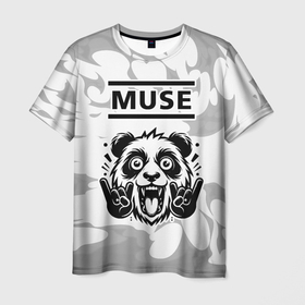Мужская футболка 3D с принтом Muse рок панда на светлом фоне в Белгороде, 100% полиэфир | прямой крой, круглый вырез горловины, длина до линии бедер | 
