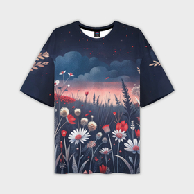 Мужская футболка oversize 3D с принтом Цветочное поле в ночи ,  |  | 