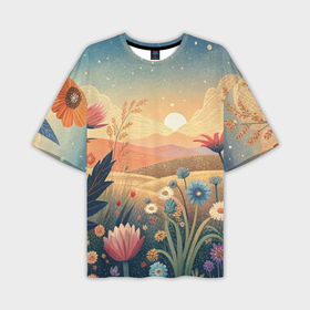 Мужская футболка oversize 3D с принтом Цветочное поле на закате ,  |  | 