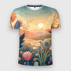 Мужская футболка 3D Slim с принтом Цветочное поле на закате в Санкт-Петербурге, 100% полиэстер с улучшенными характеристиками | приталенный силуэт, круглая горловина, широкие плечи, сужается к линии бедра | 