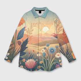 Мужская рубашка oversize 3D с принтом Цветочное поле на закате ,  |  | 