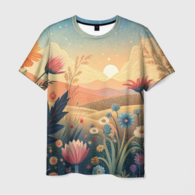 Мужская футболка 3D с принтом Цветочное поле на закате в Курске, 100% полиэфир | прямой крой, круглый вырез горловины, длина до линии бедер | 
