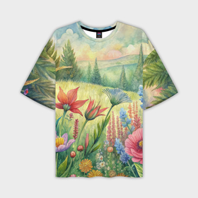 Мужская футболка oversize 3D с принтом Акварельное цветочное поле в Петрозаводске,  |  | 
