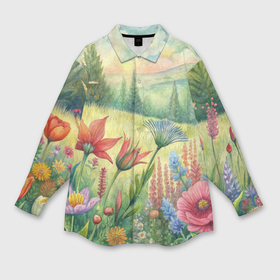 Мужская рубашка oversize 3D с принтом Акварельное цветочное поле в Петрозаводске,  |  | 