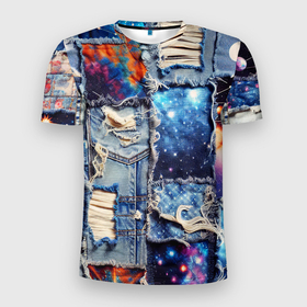 Мужская футболка 3D Slim с принтом Звездный небосвод   пэчворк в Петрозаводске, 100% полиэстер с улучшенными характеристиками | приталенный силуэт, круглая горловина, широкие плечи, сужается к линии бедра | Тематика изображения на принте: 