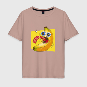 Мужская футболка хлопок Oversize с принтом Голодный банан ест бекон , 100% хлопок | свободный крой, круглый ворот, “спинка” длиннее передней части | 