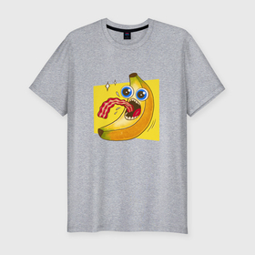 Мужская футболка хлопок Slim с принтом Голодный банан ест бекон , 92% хлопок, 8% лайкра | приталенный силуэт, круглый вырез ворота, длина до линии бедра, короткий рукав | 