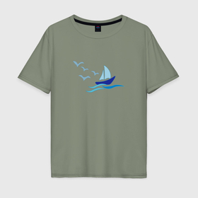 Мужская футболка хлопок Oversize с принтом Яхта в море с парусами в Курске, 100% хлопок | свободный крой, круглый ворот, “спинка” длиннее передней части | 