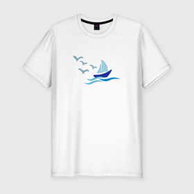 Мужская футболка хлопок Slim с принтом Яхта в море с парусами в Курске, 92% хлопок, 8% лайкра | приталенный силуэт, круглый вырез ворота, длина до линии бедра, короткий рукав | 