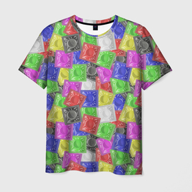Мужская футболка 3D с принтом Разноцветные презервативы в Петрозаводске, 100% полиэфир | прямой крой, круглый вырез горловины, длина до линии бедер | 