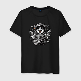 Мужская футболка хлопок с принтом Кот космонавт с электрогитарой в Екатеринбурге, 100% хлопок | прямой крой, круглый вырез горловины, длина до линии бедер, слегка спущенное плечо. | 