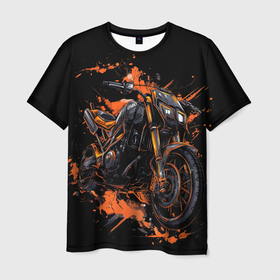 Мужская футболка 3D с принтом Старый мотоцикл и оранжевые кляксы в Санкт-Петербурге, 100% полиэфир | прямой крой, круглый вырез горловины, длина до линии бедер | Тематика изображения на принте: 