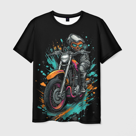Мужская футболка 3D с принтом Ретро мотоцикл старый арт , 100% полиэфир | прямой крой, круглый вырез горловины, длина до линии бедер | 