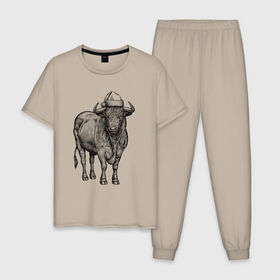 Мужская пижама хлопок с принтом Новогодний бык , 100% хлопок | брюки и футболка прямого кроя, без карманов, на брюках мягкая резинка на поясе и по низу штанин
 | 