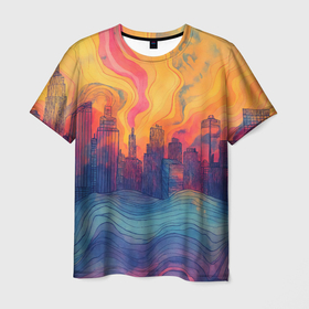 Мужская футболка 3D с принтом Абстрактный город в волнах красок в Петрозаводске, 100% полиэфир | прямой крой, круглый вырез горловины, длина до линии бедер | 