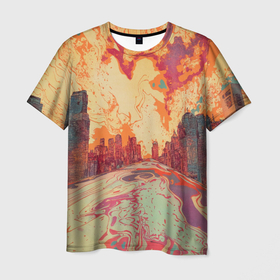 Мужская футболка 3D с принтом Абстрактный город растворяющийся в красках в Санкт-Петербурге, 100% полиэфир | прямой крой, круглый вырез горловины, длина до линии бедер | Тематика изображения на принте: 