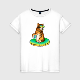Женская футболка хлопок с принтом Купающийся тигр на отдыхе в Санкт-Петербурге, 100% хлопок | прямой крой, круглый вырез горловины, длина до линии бедер, слегка спущенное плечо | 