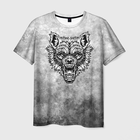 Мужская футболка 3D с принтом Яростный волк на текстурном фоне в Кировске, 100% полиэфир | прямой крой, круглый вырез горловины, длина до линии бедер | Тематика изображения на принте: 