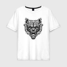 Мужская футболка хлопок Oversize с принтом Злой черно белый волк в Кировске, 100% хлопок | свободный крой, круглый ворот, “спинка” длиннее передней части | Тематика изображения на принте: 