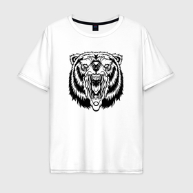 Мужская футболка хлопок Oversize с принтом Злой черно белый медведь , 100% хлопок | свободный крой, круглый ворот, “спинка” длиннее передней части | 