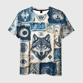 Мужская футболка 3D с принтом Волки на дениме в Курске, 100% полиэфир | прямой крой, круглый вырез горловины, длина до линии бедер | 