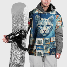 Накидка на куртку 3D с принтом Кошка на дениме   пэчворк в Тюмени, 100% полиэстер |  | Тематика изображения на принте: 