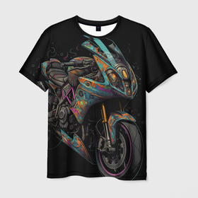 Мужская футболка 3D с принтом Темный мотоцикл  на черном фоне в Петрозаводске, 100% полиэфир | прямой крой, круглый вырез горловины, длина до линии бедер | 