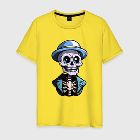 Мужская футболка хлопок с принтом Скелет в синей шляпе в Кировске, 100% хлопок | прямой крой, круглый вырез горловины, длина до линии бедер, слегка спущенное плечо. | 