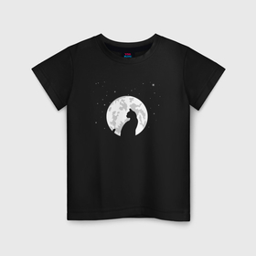 Детская футболка хлопок с принтом Силуэт кошки на фоне луны в Екатеринбурге, 100% хлопок | круглый вырез горловины, полуприлегающий силуэт, длина до линии бедер | 