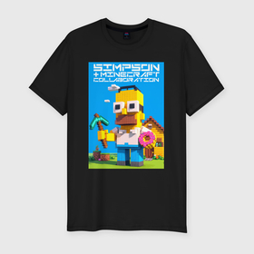 Мужская футболка хлопок Slim с принтом Homer Simpson and Minecraft   collaboration ai art в Курске, 92% хлопок, 8% лайкра | приталенный силуэт, круглый вырез ворота, длина до линии бедра, короткий рукав | 