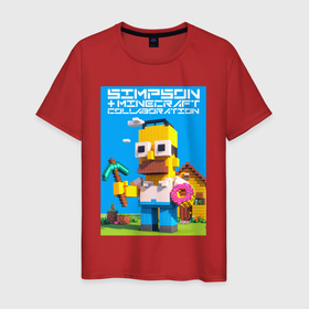 Мужская футболка хлопок с принтом Homer Simpson and Minecraft   collaboration ai art в Курске, 100% хлопок | прямой крой, круглый вырез горловины, длина до линии бедер, слегка спущенное плечо. | 
