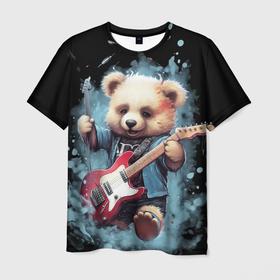 Мужская футболка 3D с принтом Плюшевый медведь музыкант с гитарой в Петрозаводске, 100% полиэфир | прямой крой, круглый вырез горловины, длина до линии бедер | 
