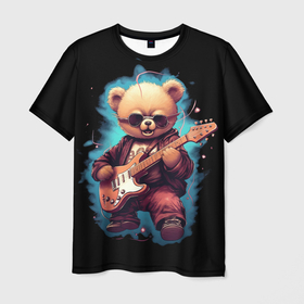 Мужская футболка 3D с принтом Плюшевый медведь музыкант с  гитарой в Белгороде, 100% полиэфир | прямой крой, круглый вырез горловины, длина до линии бедер | 