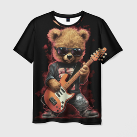 Мужская футболка 3D с принтом Плюшевый медведь музыкант  с гитарой в Белгороде, 100% полиэфир | прямой крой, круглый вырез горловины, длина до линии бедер | 