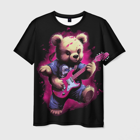 Мужская футболка 3D с принтом Плюшевый медведь  музыкант с гитарой , 100% полиэфир | прямой крой, круглый вырез горловины, длина до линии бедер | 