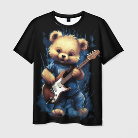 Мужская футболка 3D с принтом Плюшевый  медведь музыкант с гитарой в Тюмени, 100% полиэфир | прямой крой, круглый вырез горловины, длина до линии бедер | 