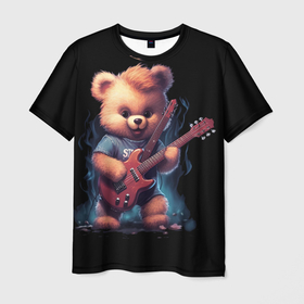 Мужская футболка 3D с принтом Большой плюшевый медведь играет на гитаре в Петрозаводске, 100% полиэфир | прямой крой, круглый вырез горловины, длина до линии бедер | 