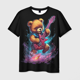 Мужская футболка 3D с принтом Большой плюшевый медведь играет на  гитаре в Петрозаводске, 100% полиэфир | прямой крой, круглый вырез горловины, длина до линии бедер | 