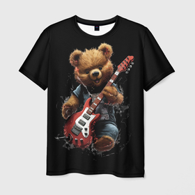 Мужская футболка 3D с принтом Большой плюшевый медведь играет  на гитаре в Петрозаводске, 100% полиэфир | прямой крой, круглый вырез горловины, длина до линии бедер | 