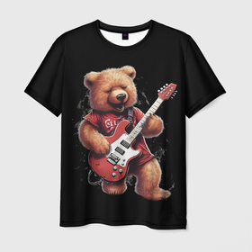 Мужская футболка 3D с принтом Большой плюшевый медведь  играет на гитаре в Новосибирске, 100% полиэфир | прямой крой, круглый вырез горловины, длина до линии бедер | 