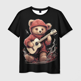 Мужская футболка 3D с принтом Большой плюшевый  медведь играет на гитаре в Петрозаводске, 100% полиэфир | прямой крой, круглый вырез горловины, длина до линии бедер | 