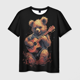 Мужская футболка 3D с принтом Большой  плюшевый медведь играет на гитаре в Тюмени, 100% полиэфир | прямой крой, круглый вырез горловины, длина до линии бедер | 