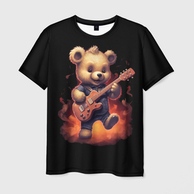 Мужская футболка 3D с принтом Плюшевый медведь играет на гитаре в Петрозаводске, 100% полиэфир | прямой крой, круглый вырез горловины, длина до линии бедер | 