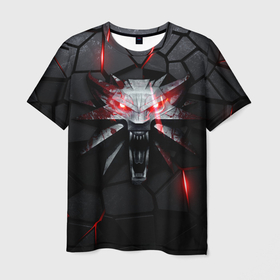 Мужская футболка 3D с принтом Символ волка на плитах с подсветкой в Санкт-Петербурге, 100% полиэфир | прямой крой, круглый вырез горловины, длина до линии бедер | 